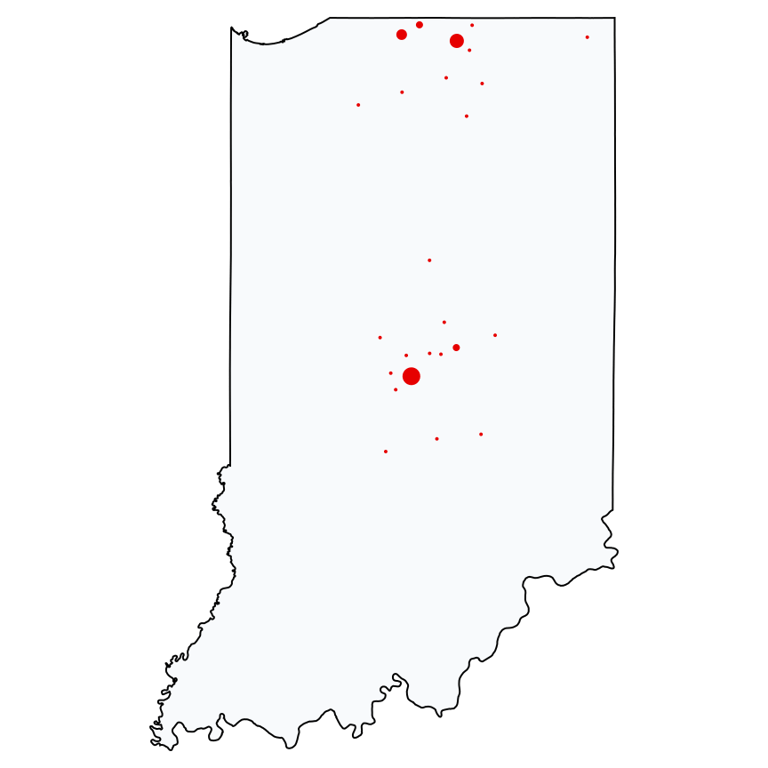 A map showing all KeyBank locations in Indiana