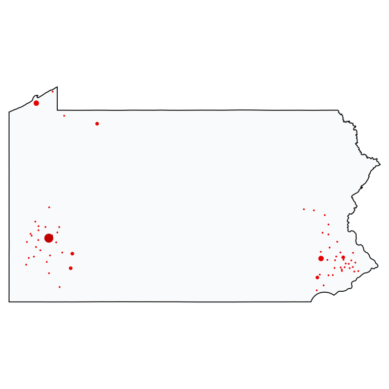 A map showing all KeyBank locations in Pennsylvania