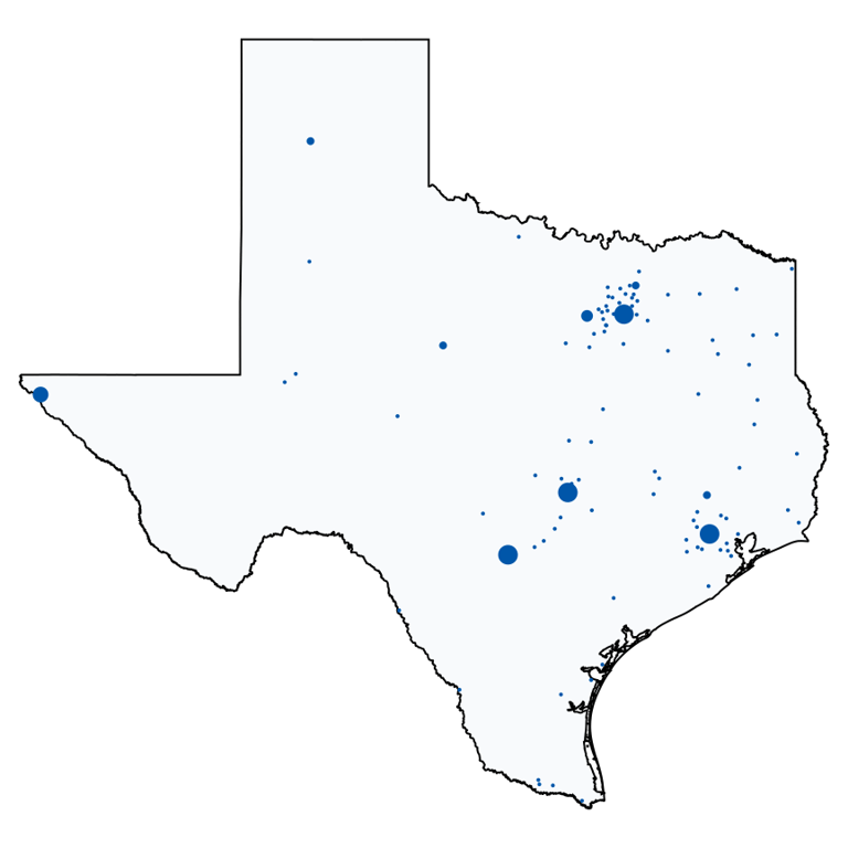 A map showing all Lowe's locations in Texas