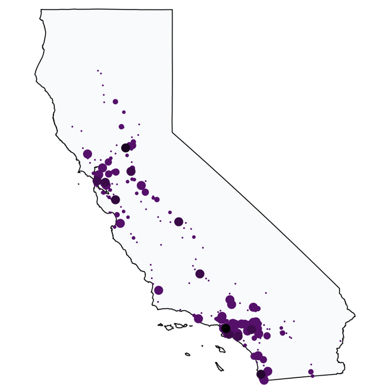 A map showing all Metro by T-Mobile locations in California