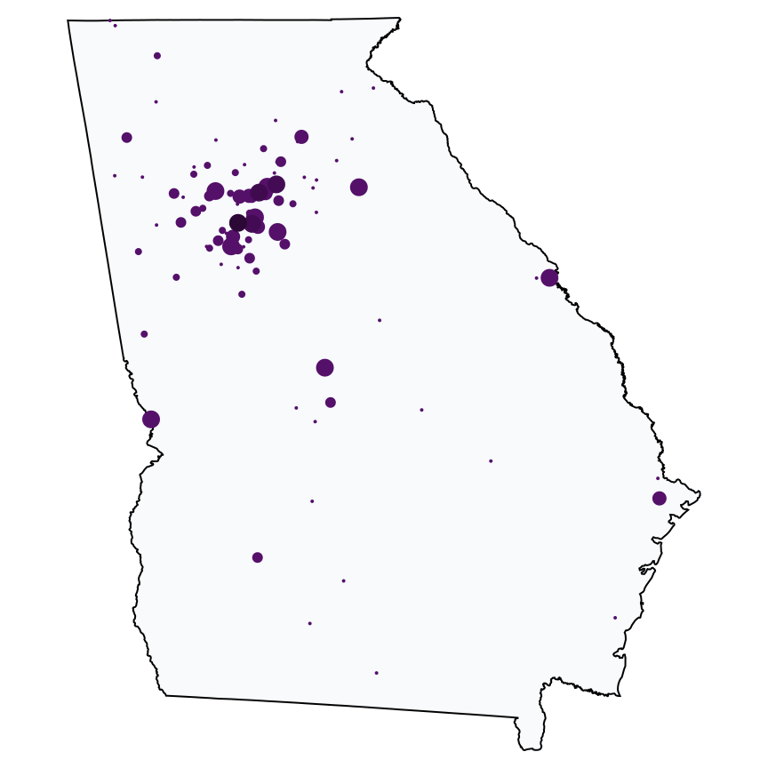 A map showing all Metro by T-Mobile locations in Georgia