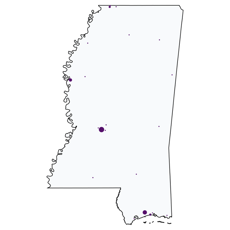 A map showing all Metro by T-Mobile locations in Mississippi