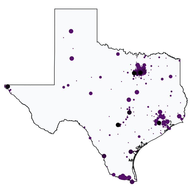 A map showing all Metro by T-Mobile locations in Texas