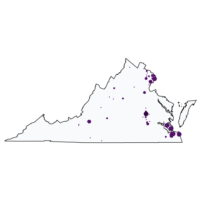 A map showing all Metro by T-Mobile locations in Virginia