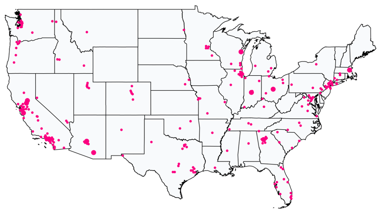 A map showing all T-Mobile kiosk locations within Costco stores in the United States