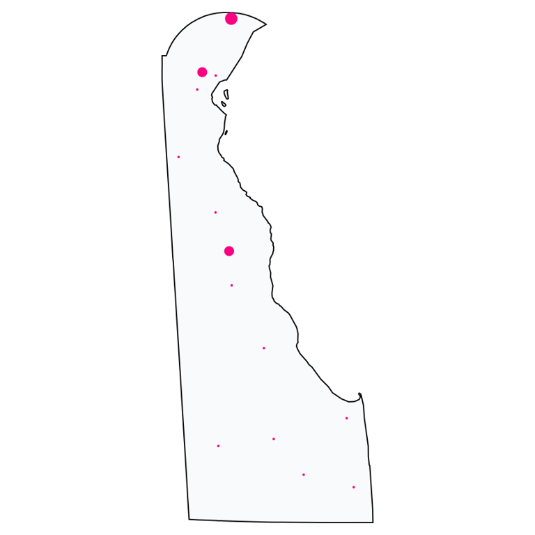 A map showing all T-Mobile locations in Delaware