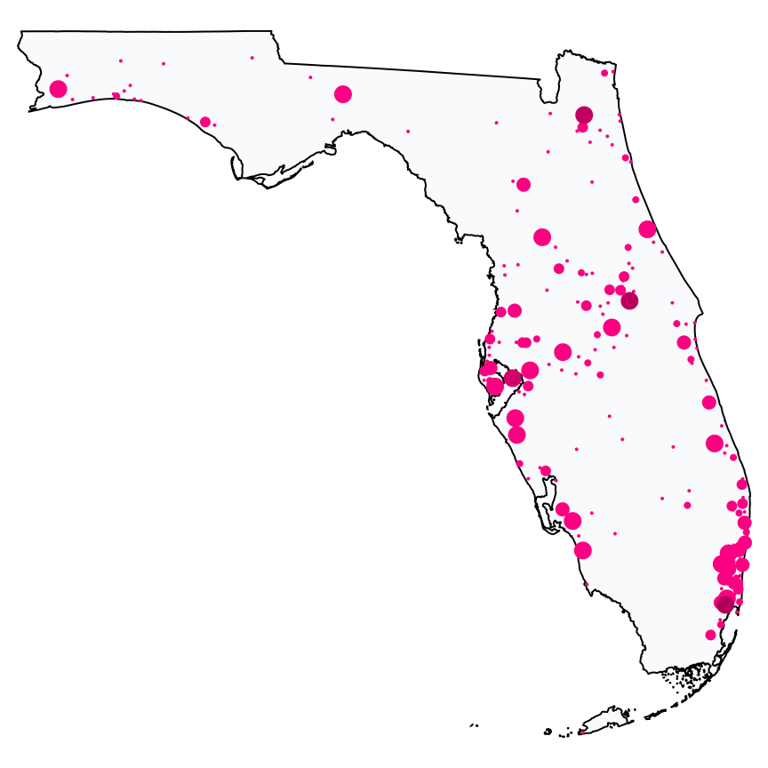 A map showing all T-Mobile locations in Florida