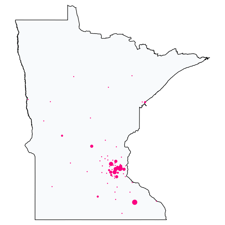 A map showing all T-Mobile locations in Minnesota