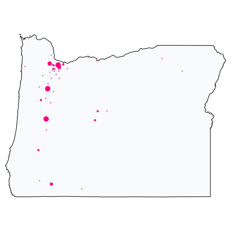 A map showing all T-Mobile locations in Oregon