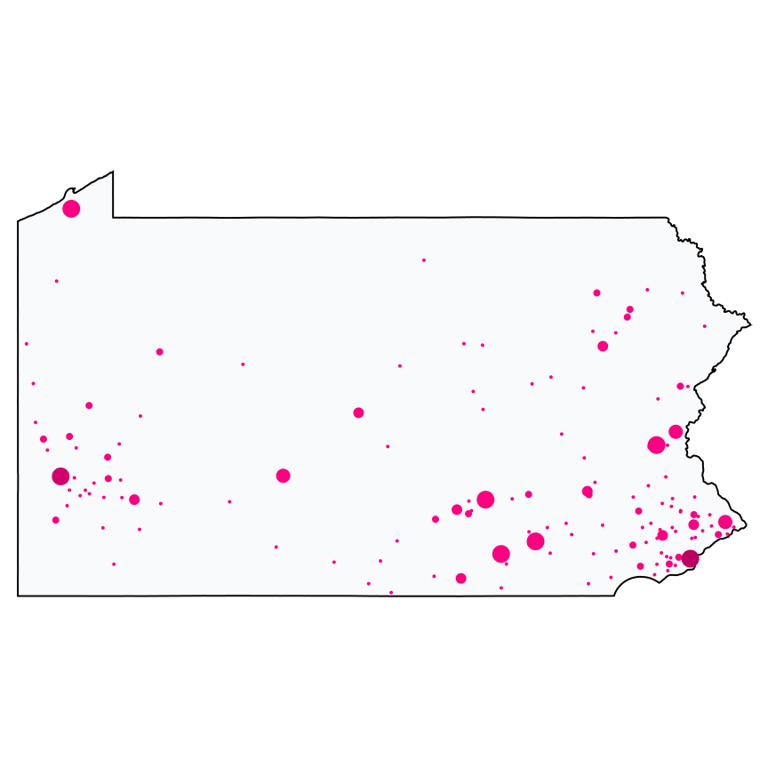 A map showing all T-Mobile locations in Pennsylvania