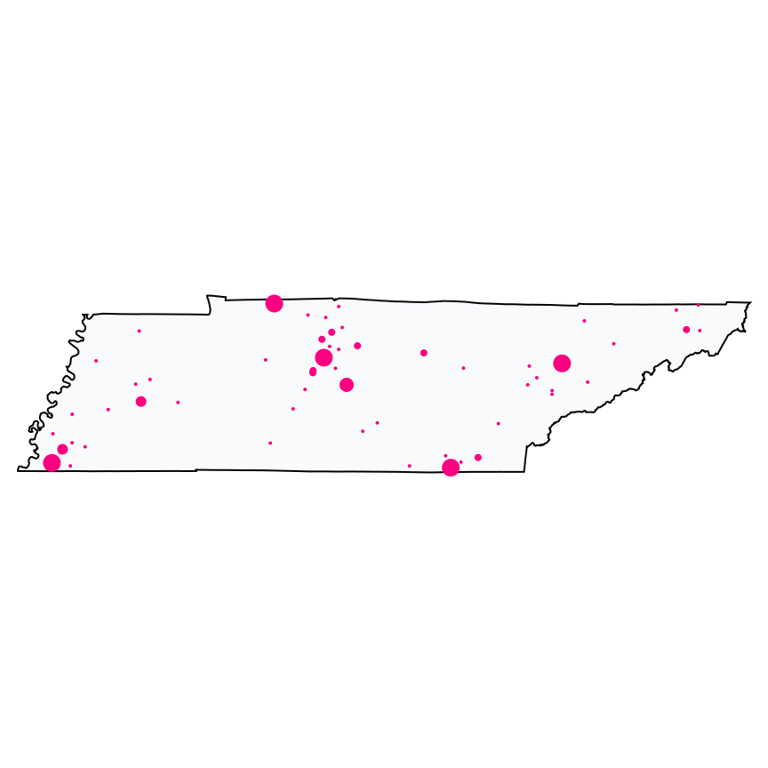 A map showing all T-Mobile locations in Tennessee