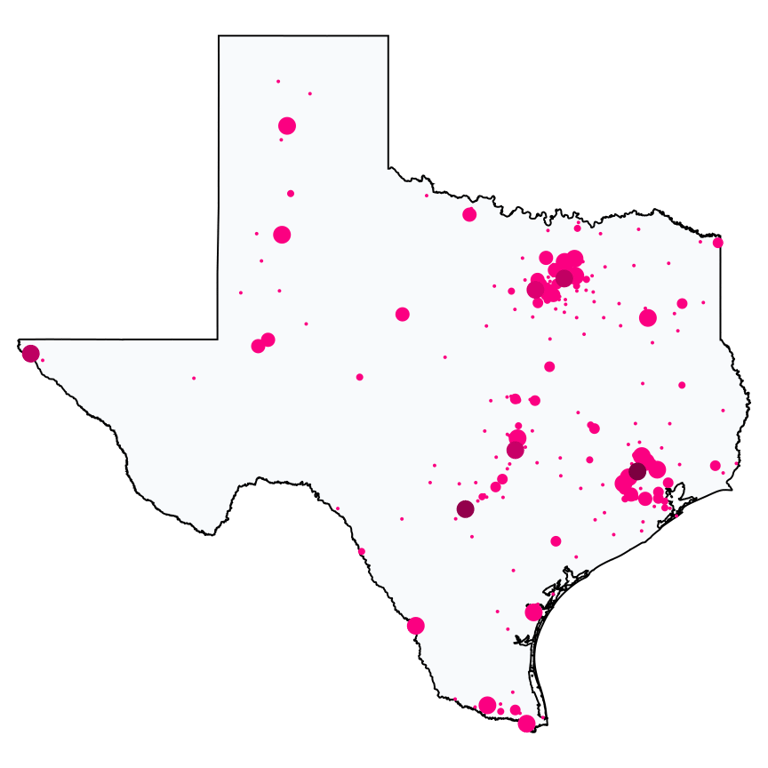 A map showing all T-Mobile locations in Texas