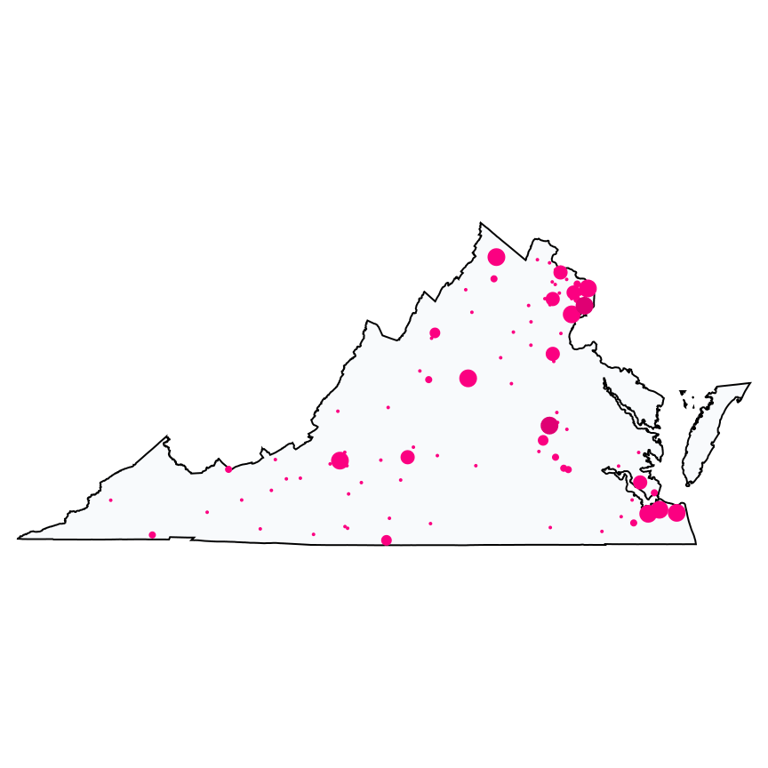 A map showing all T-Mobile locations in Virginia