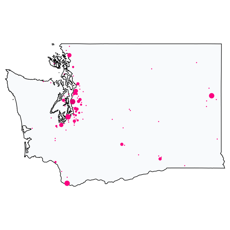 A map showing all T-Mobile locations in Washington