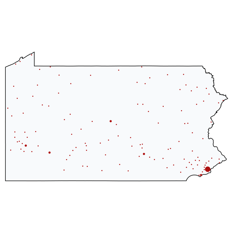 A map showing all True Value locations in Pennsylvania