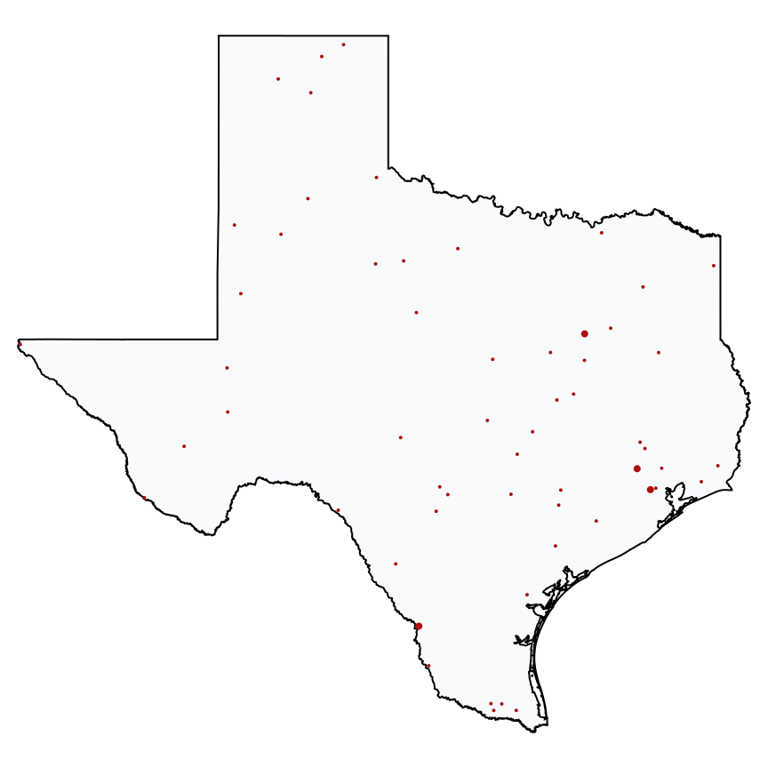 A map showing all True Value locations in Texas