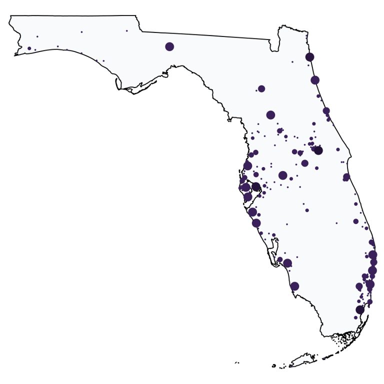 A map showing all Truist locations in Florida