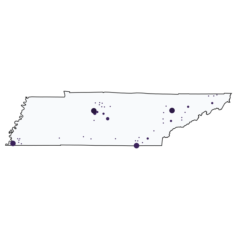 A map showing all Truist locations in Tennessee