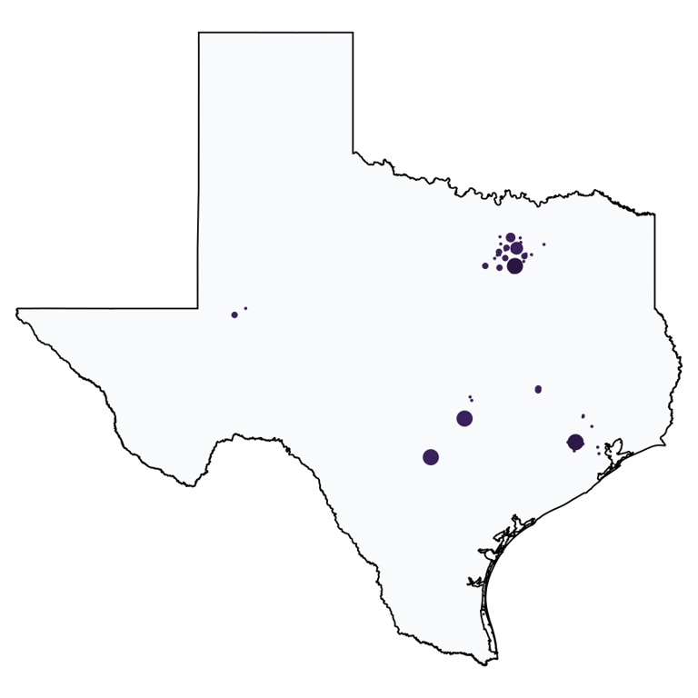 A map showing all Truist locations in Texas