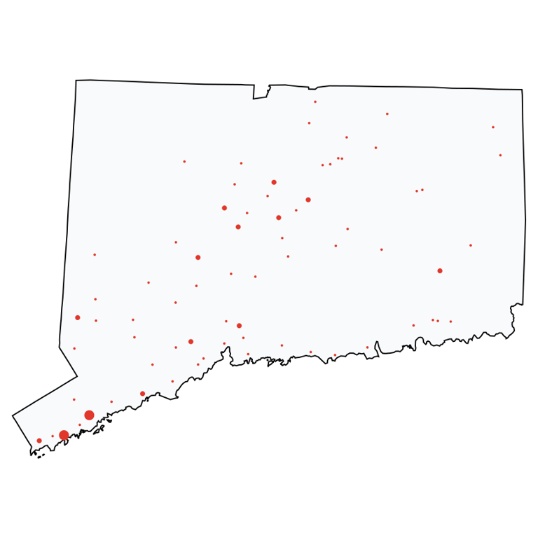 A map showing all Verizon Wireless locations in Connecticut