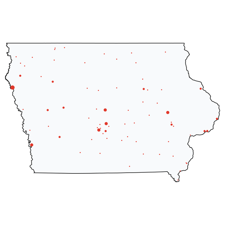 A map showing all Verizon Wireless locations in Iowa