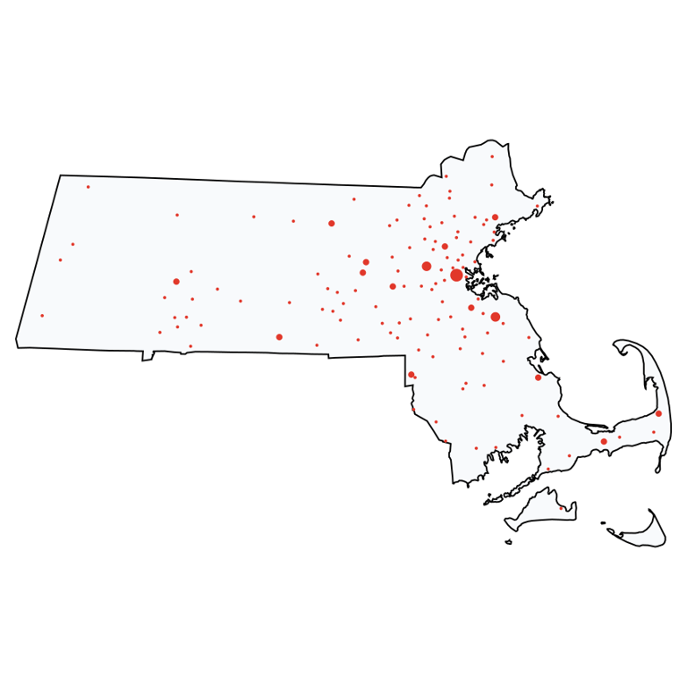 A map showing all Verizon Wireless locations in Massachusetts