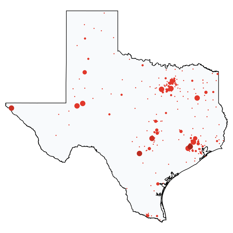 A map showing all Verizon Wireless locations in Texas