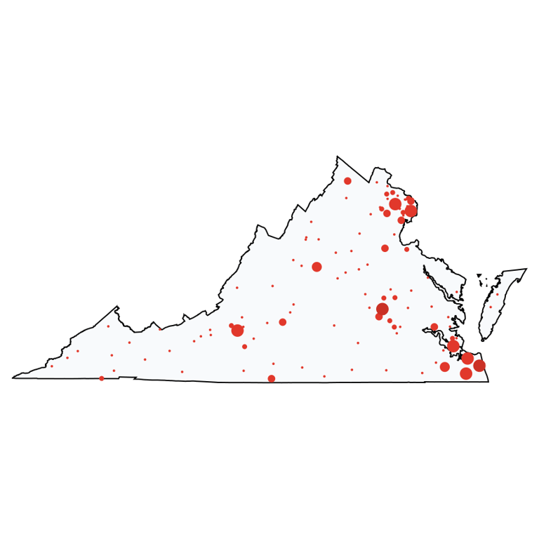 A map showing all Verizon Wireless locations in Virginia