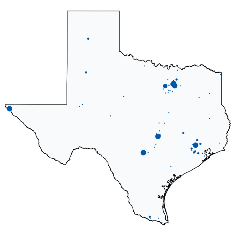 A map showing all Warehouse Clubs locations in Texas