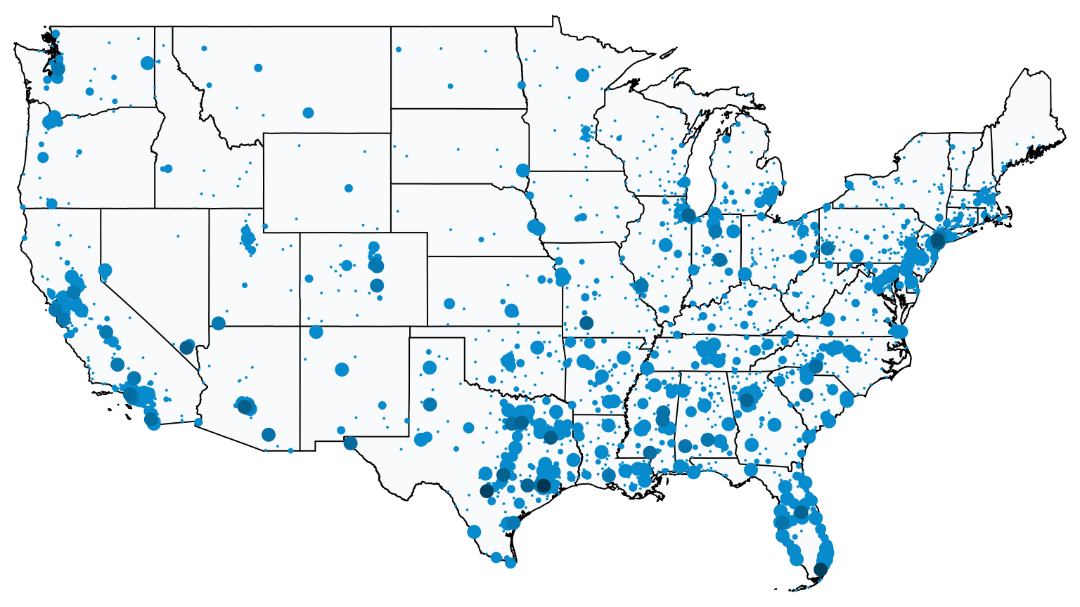 A map showing all AT&T locations in The United States