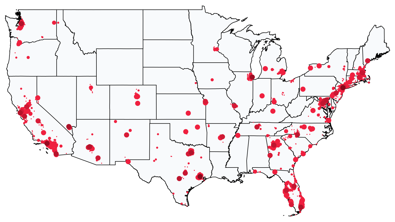 A map showing all Bank of America locations in The United States