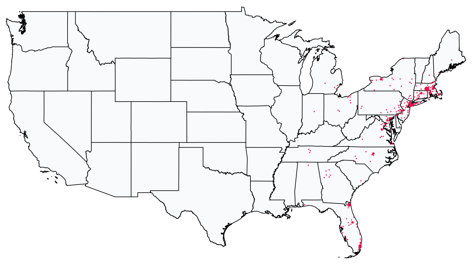 A map showing all BJ's Wholesale Club locations in The United States