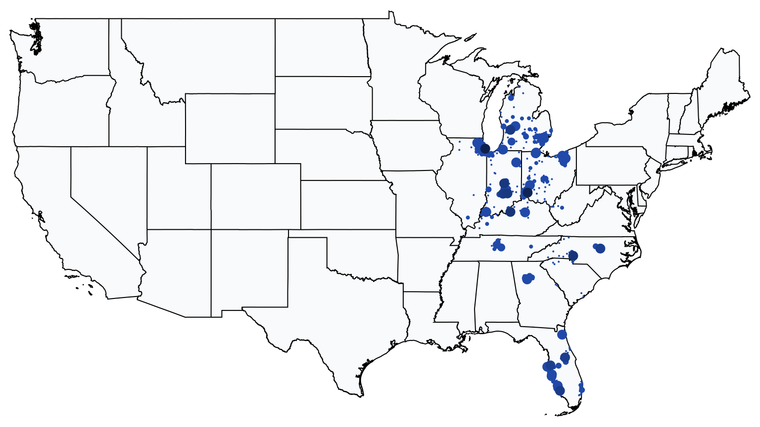 A map showing all Fifth Third Bank locations in The United States