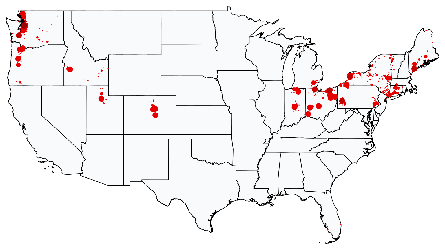 A map showing all KeyBank locations in The United States