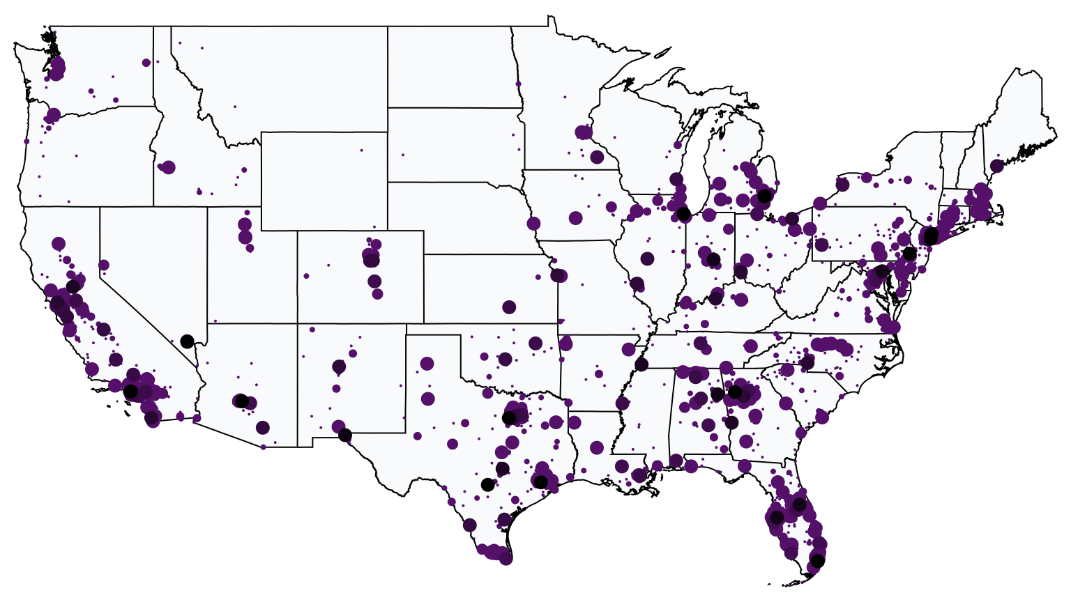 A map showing all Metro by T-Mobile locations in The United States