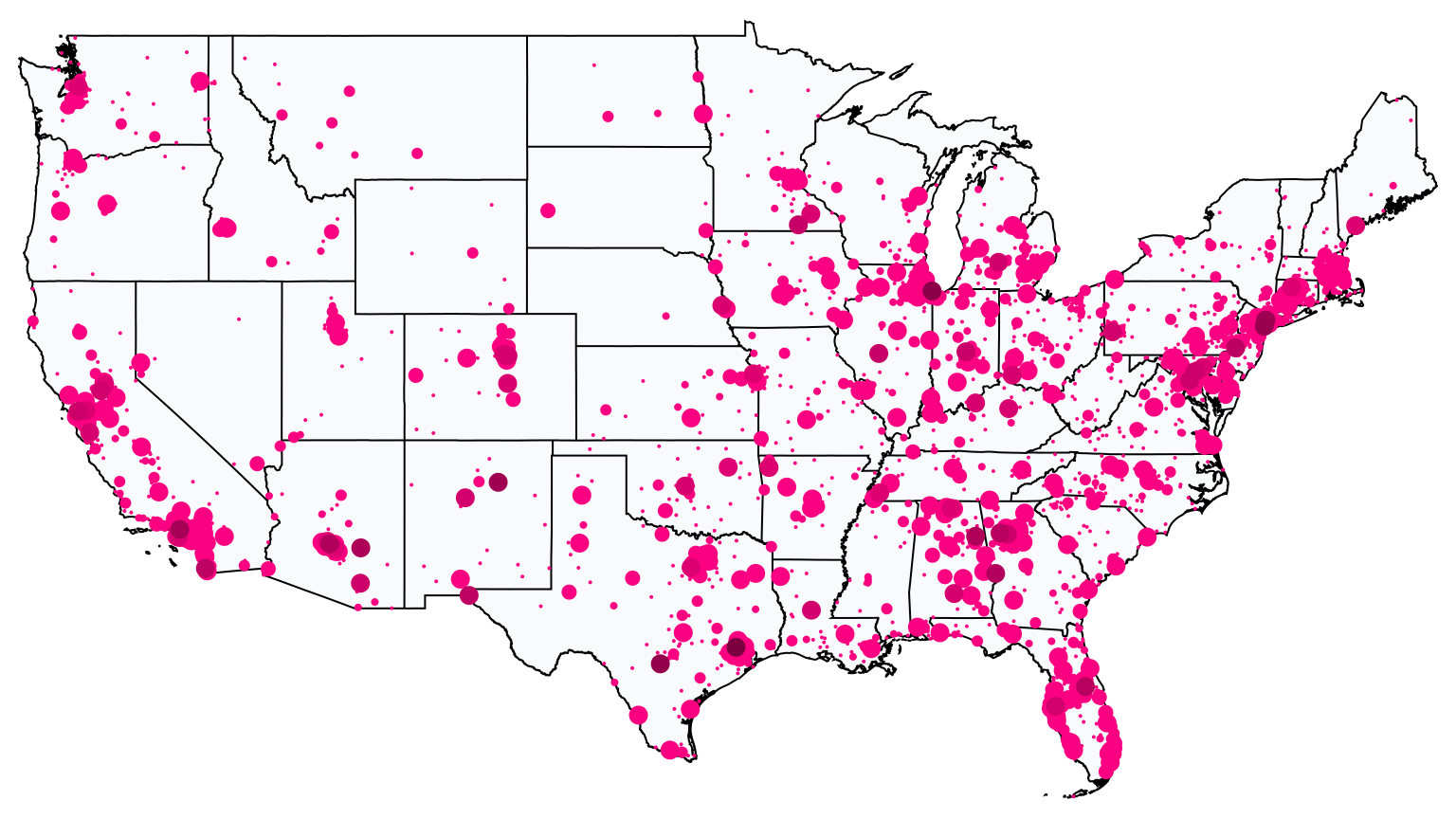 A map showing all T-Mobile locations in The United States