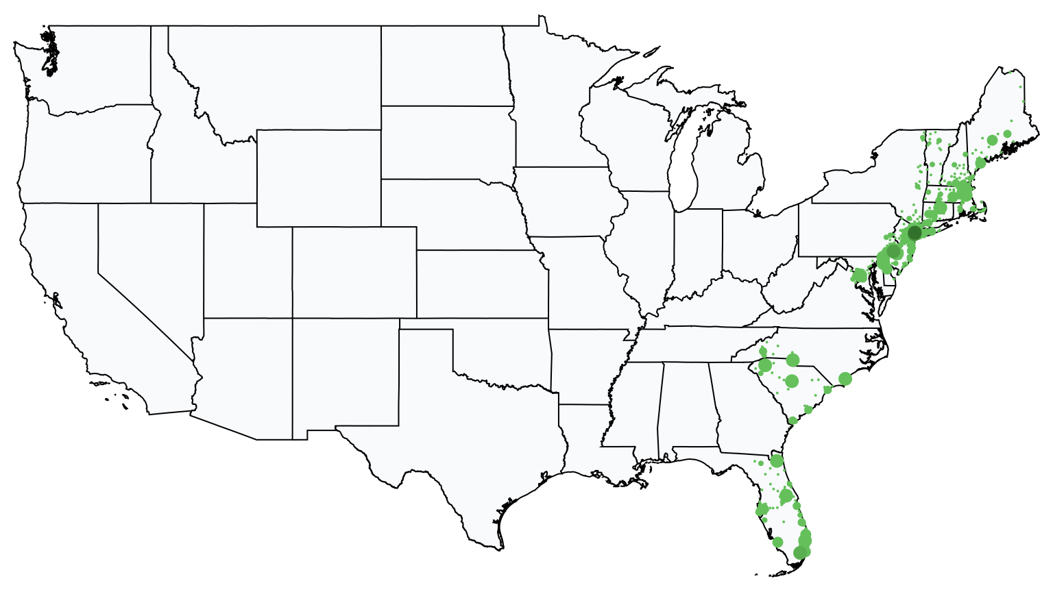 A map showing all TD Bank locations in The United States