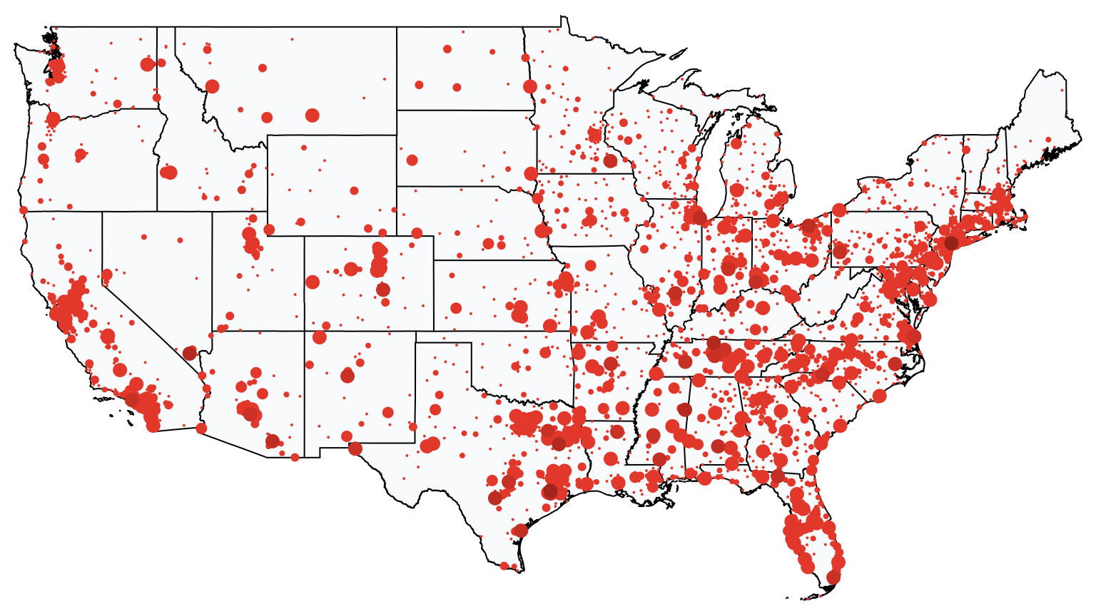 A map showing all Verizon Wireless locations in The United States